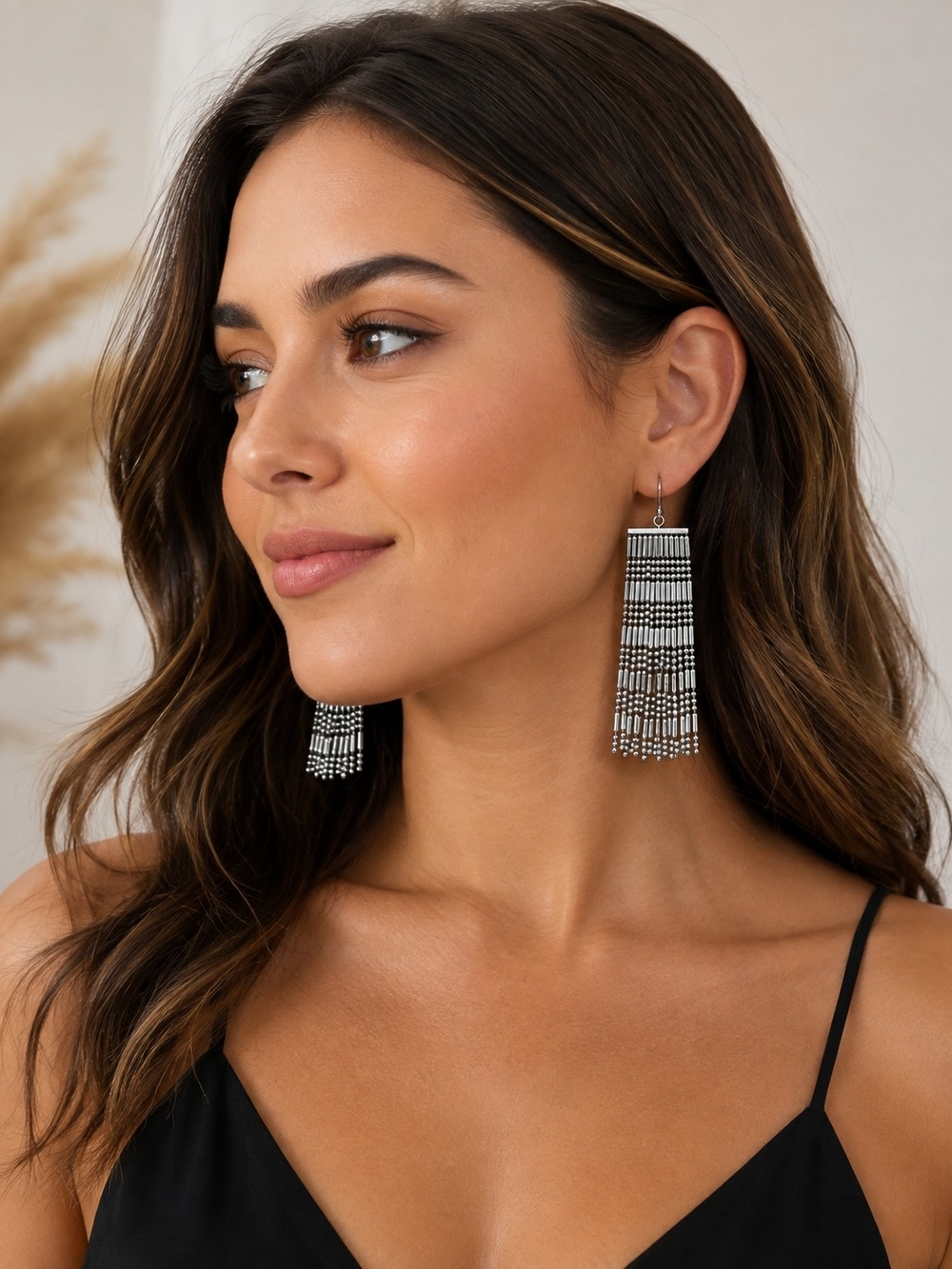 Silver Beaded Fringe Drop Earrings - Elegant Statement